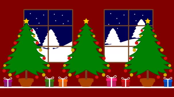 Árvore Natal Com Presentes Céu Estrelado Fundo Colorido Verde Animação — Vídeo de Stock