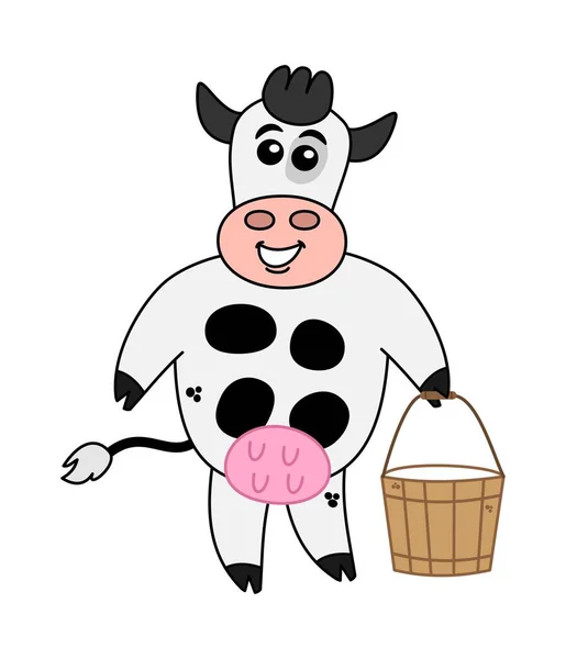 Leende Mjölkko Med Hink Full Färsk Mjölk Vit Bakgrund — Stock vektor