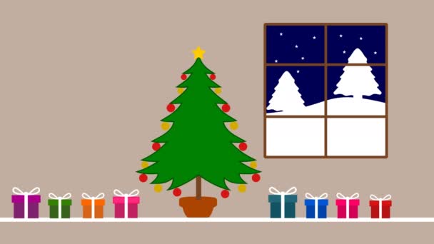 Pomul Crăciun Cadouri Cerul Înstelat Fundal Colorat Verde Animație — Videoclip de stoc