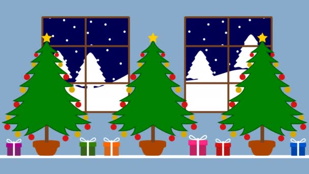 Árbol Navidad Con Regalos Nieve Cayendo Con Santa Trineo Animación — Vídeo de stock