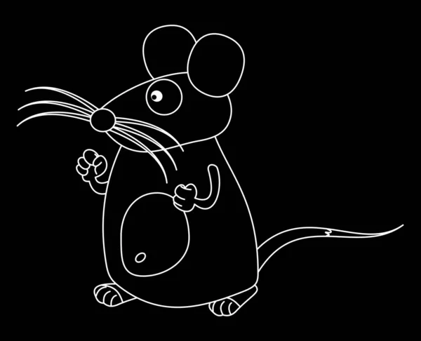 Maus Mit Großem Schnurrbart Schwarz Weißer Linie Auf Schwarzem Hintergrund — Stockvektor