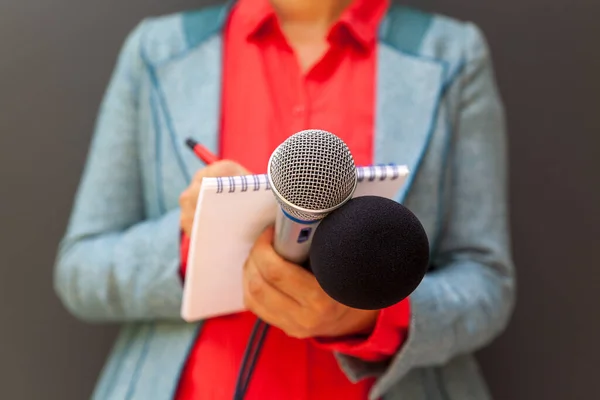 stock image Female reporter at press conference, writing notes, holding microphone