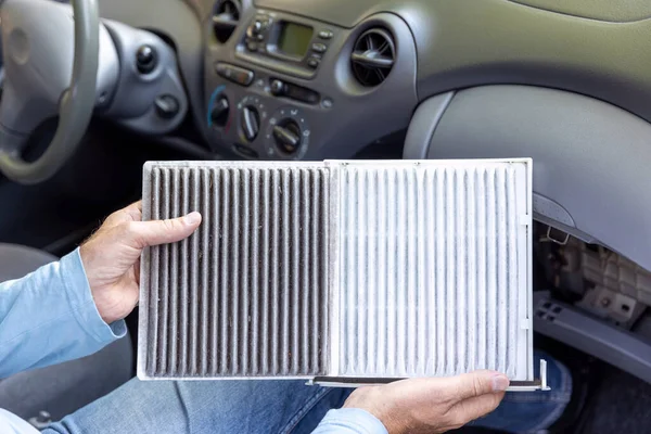 Грязный Чистый Фильтр Пыльцы Воздуха Салоне Автомобиля — стоковое фото