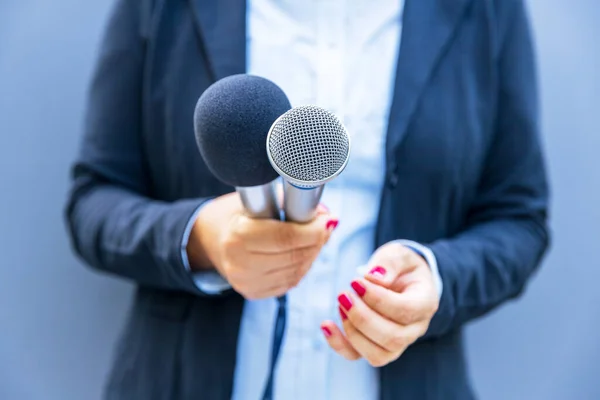 Repórter Feminina Segurando Microfone Durante Entrevista Mídia Liberdade Dos Meios — Fotografia de Stock