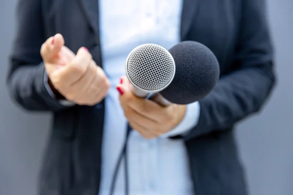 Egy Női Riporter Mikrofont Tart Gesztikulál Média Interjú Alatt Sajtószabadság — Stock Fotó