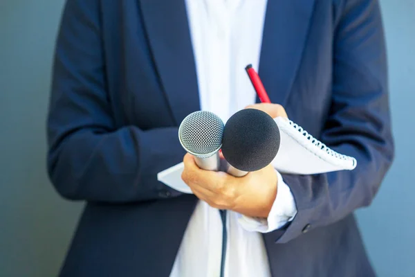 Kvinnlig Journalist Vid Presskonferens Eller Medieevenemang Anteckningar Mikrofon — Stockfoto