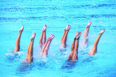 Sanatsal yüzme takımı yüzme havuzunda senkronize bacak hareketi yapıyor.