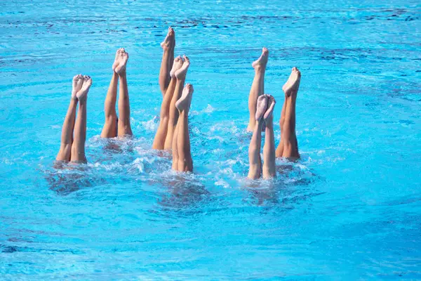 Sanatsal yüzme takımı yüzme havuzunda senkronize bacak hareketi yapıyor.