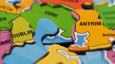 Ireland Map Puzzle Blocks with Irish Cities Belfast, Dublin, Cork, etc. Close-Up Video Background, Dolly Footage.