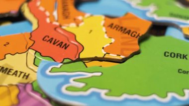 Ireland Map Puzzle Blocks with Irish Cities. Close-Up Video Background, Dolly Footage. Depth of Field.