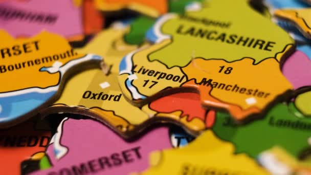 England Map Puzzle Blocks English Cities Manchester Liverpool Oxford Close — Stock videók