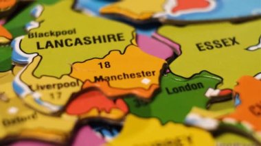 United Kingdom Map Puzzle Blocks with English Cities. Close-Up Video Background, Dolly Footage.
