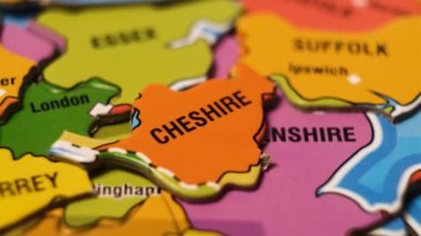 England Map Puzzle Blocks with English Cities. Close-Up Video Background, Dolly Footage.