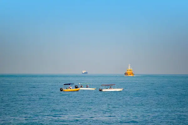Sakin bir deniz sahnesinde önplanda iki motorlu tekne, bir sarı gemi ve açık mavi gökyüzünün altında bir kargo gemisi bulunur..