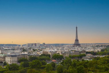 Paris skyline featuring the Eiffel Tower, Palais de Chaillot, and Seine River. Gradient sky transitions from orange to blue with trees in the foreground. clipart