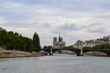 Notre Dame Katedrali 'nin ikiz kuleleri ve arka planda yükselen bir kule, Seine Nehri' ni geçen bir köprü, ağaç kenarı ve Paris 'teki binalar..