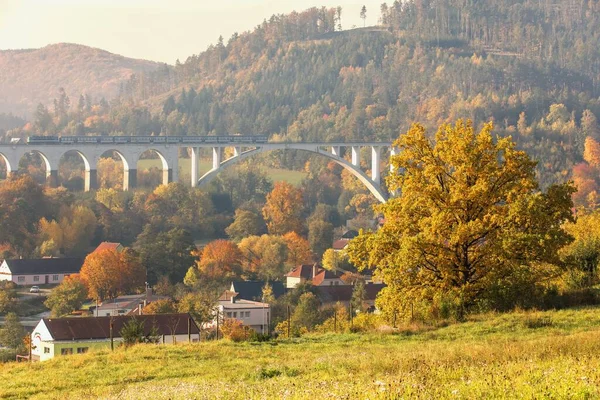 Ponte Ferroviario Nel Villaggio Dolni Loucky Colori Dell Autunno Repubblica — Foto Stock