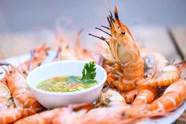 Grilled Shrimp Shrimp Burn Bbq Seafood Plate Shrimps Prawns Cooking — Stock Photo, Image