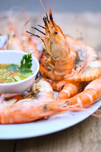 Grilled Shrimp Shrimp Burn Bbq Seafood Plate Shrimps Prawns Cooking — Stock Photo, Image