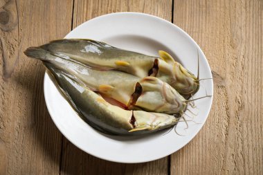 Tabakta yayın balığı, taze taze yayın balığı tatlı su balığı, yemek pişirmek için yayın balığı, mutfakta tahtadan balık.