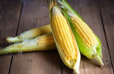 Koçanda mısır, yemek pişirmek için tatlı mısır, ahşap arka planda taze mısır, olgun mısırı organik hasat et.