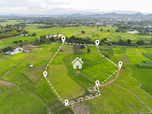 stock image Land plot for building house aerial view, land field with pins, pin location for housing subdivision residential development owned sale rent buy or investment home or house expand the city suburb