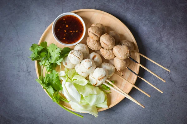 Meatballs Plate Spicy Sauce Grilled Meatball Pork Ball Meat Ball — Stock Photo, Image
