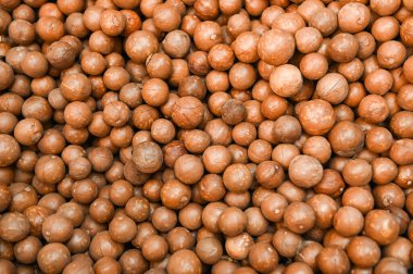 macadamia nuts texture background, fresh natural shelled raw macadamia nuts in a full frame, close up pile of roasted macadamia nut - top view