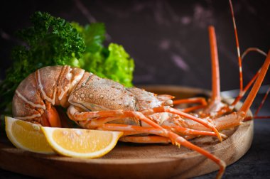 Ahşap tabakta dikenli ıstakoz, taze ıstakoz ya da koyu arka planda limonlu kişniş maydanozlu kaya ıstakozu, yemek pişirmek için ıstakoz.