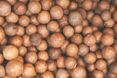 macadamia nuts texture background, fresh natural shelled raw macadamia nuts in a full frame, close up pile of roasted macadamia nut - top view