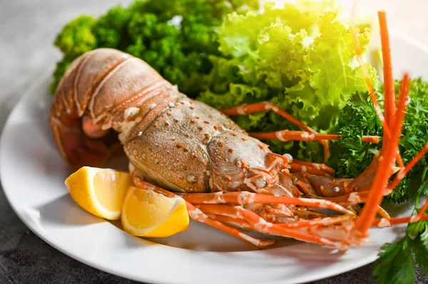 盘子里的带刺龙虾食物 带有香草和香料的新鲜龙虾或龙虾海鲜 生菜沙拉 烹调食物的龙虾和海鲜酱 — 图库照片