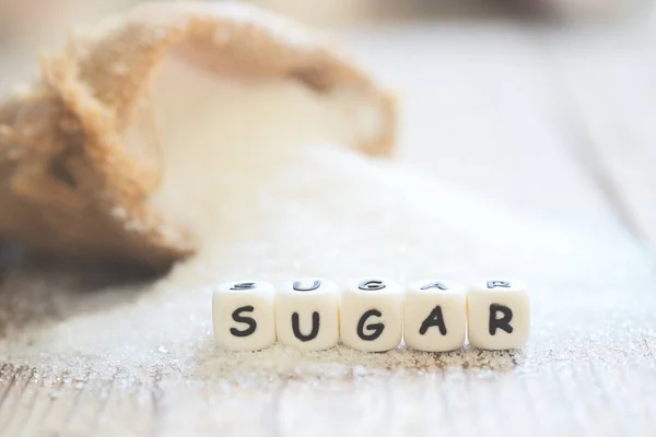 Socker Säck Och Trä Bakgrund Vitt Socker För Mat Och — Stockfoto