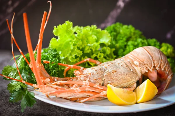 盘子里的带刺龙虾食物 带有香草和香料的新鲜龙虾或龙虾海鲜 生菜沙拉 烹调食物的龙虾和海鲜酱 — 图库照片