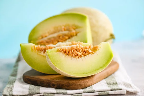 stock image cantaloupe melon on wooden plate, cantaloupe thai slice fruit for health green cantaloupe thailand