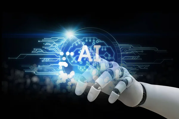 robot ai with hand robot pointing AI technology digital graphic design black background, AI machine learning hands of robot science and artificial intelligence technology innovation and futuristic