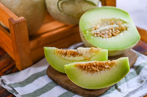 stock image cantaloupe thai slice fruit for health green cantaloupe thailand, cantaloupe melon on wooden plate