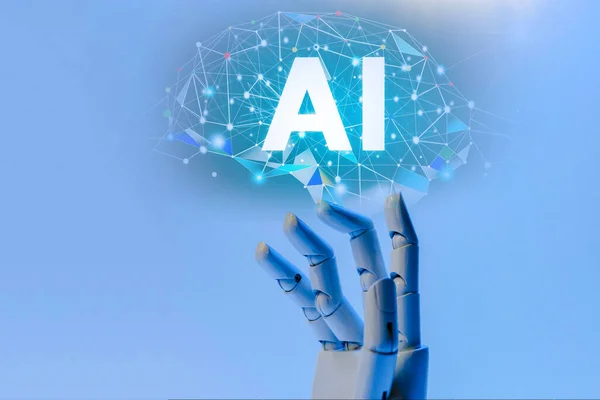 Roboter Mit Handroboter Auf Gehirn Intelligente Technologie Digitales Grafikdesign Schwarzer Stockbild