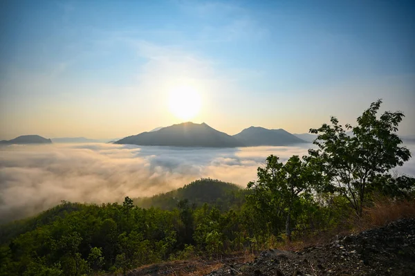 Paisagem Floresta Pela Manhã Belo Nascer Sol Neblina Cobertura Montanha — Fotografia de Stock