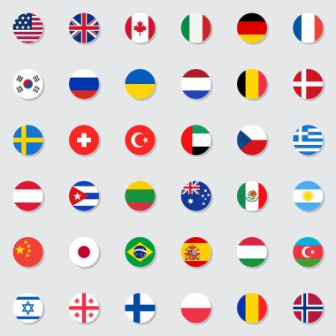 Dünya bayrağı koleksiyonu, dairesel bayraklar düz simge seti, renkli semboller - Amerika, Fransa, Avrupa, Almanya, Avusturya, Rusya, Ukrayna, Çek Cumhuriyeti. Vektör çizimi. Düz biçim tasarımı