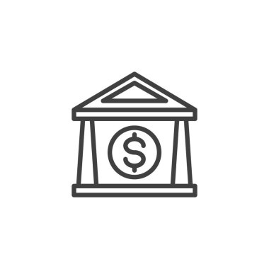 Yatırım banka çizgisi simgesi. Mobil konsept ve web tasarımı için doğrusal biçim işareti. Banka ve dolar para ana hatları vektör simgesi. Sembol, logo çizimi. Vektör grafikleri
