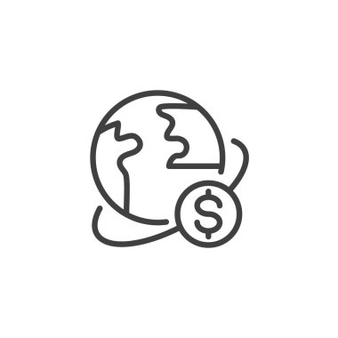 Küresel yatırım hattı ikonu. Mobil konsept ve web tasarımı için doğrusal biçim işareti. Dünya küresi ve para ana hatları vektör simgesi. Sembol, logo çizimi. Vektör grafikleri