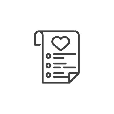 Dilek listesi simgesi. Mobil konsept ve web tasarımı için doğrusal biçim işareti. Kalp hatları vektör simgesi olan kağıt. Sembol, logo çizimi. Vektör grafikleri