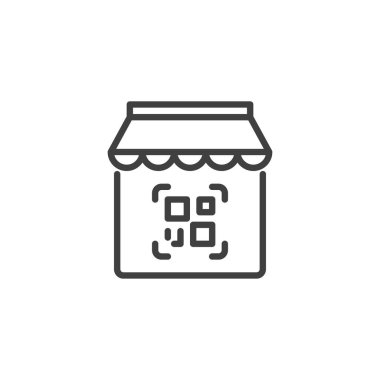 QR kod dükkânı simgesi. Mobil konsept ve web tasarımı için doğrusal biçim işareti. QR kod taraması ana hat vektör simgesi. Sembol, logo çizimi. Vektör grafikleri
