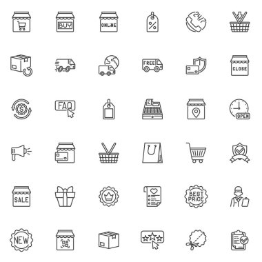 Alışveriş ve e-ticaret hattı simgeleri ayarlandı. Doğrusal biçim sembolleri koleksiyonu, ana tabela işaretleri paketi. Online alışveriş vektör grafikleri. İstek listesi olarak simgeleri, en iyi fiyatı, ürün ambalajını ve dağıtımını içerir