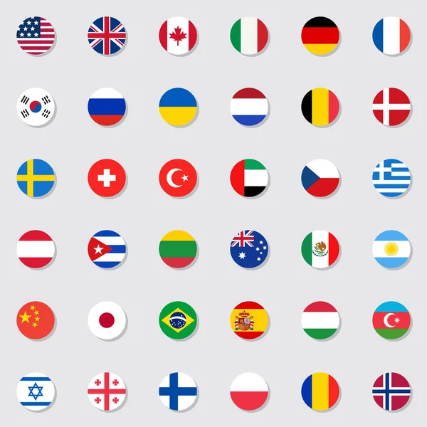Wereld Vlag Collectie Ronde Vlaggen Platte Pictogram Set Kleurrijke Symbolen — Stockvector
