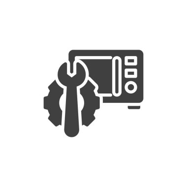 Mikrodalga onarım vektör simgesi. Mobil konsept ve web tasarımı için düz tabela. Teçhizatlı mikrodalga ve ingiliz anahtarı sembolü. Sembol, logo çizimi. Vektör grafikleri