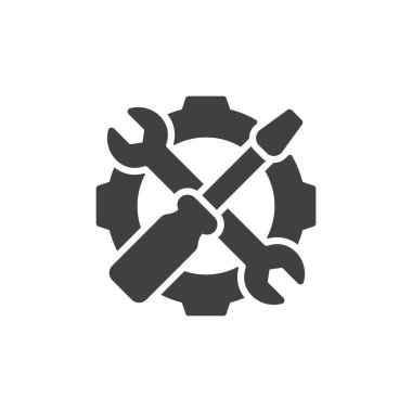 Onarım servisi vektör simgesi. İngiliz anahtarı ve tornavidayla donatılmış vites, mobil konsept ve web tasarımı için düz tabela doldurmuş. Elektrikli alet onarım simgesi. Sembol, logo çizimi. Vektör grafikleri