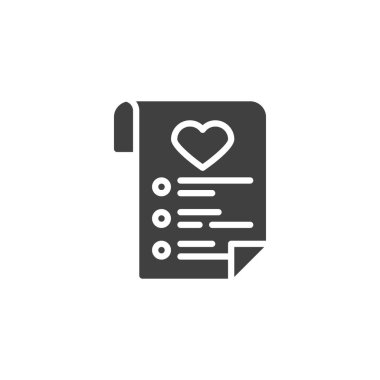 Dilek listesi vektör simgesi. Mobil konsept ve web tasarımı için düz tabela. Kağıtlarda kalp sembolü var. Sembol, logo çizimi. Vektör grafikleri