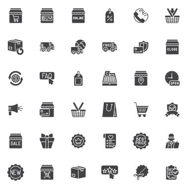 Alışveriş ve e-ticaret vektör simgeleri seti, modern katı sembol koleksiyonu, doldurulmuş resim paketi. Logo illüstrasyonu işaretleri. İstek listesi olarak simgeleri, en iyi fiyatı, ürün ambalajını ve dağıtımını içerir