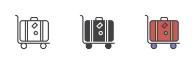 Bavul ve farklı stil ikonu seti. Çizgi, kabartma ve doldurulmuş renkli versiyon, ana hatlar ve doldurulmuş vektör işareti. Bagaj taşıma sembolü, logo çizimi. Vektör grafikleri